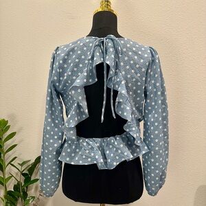 FAVLUX Light Blue Polka Dot Ruffle Back Tie Blouse